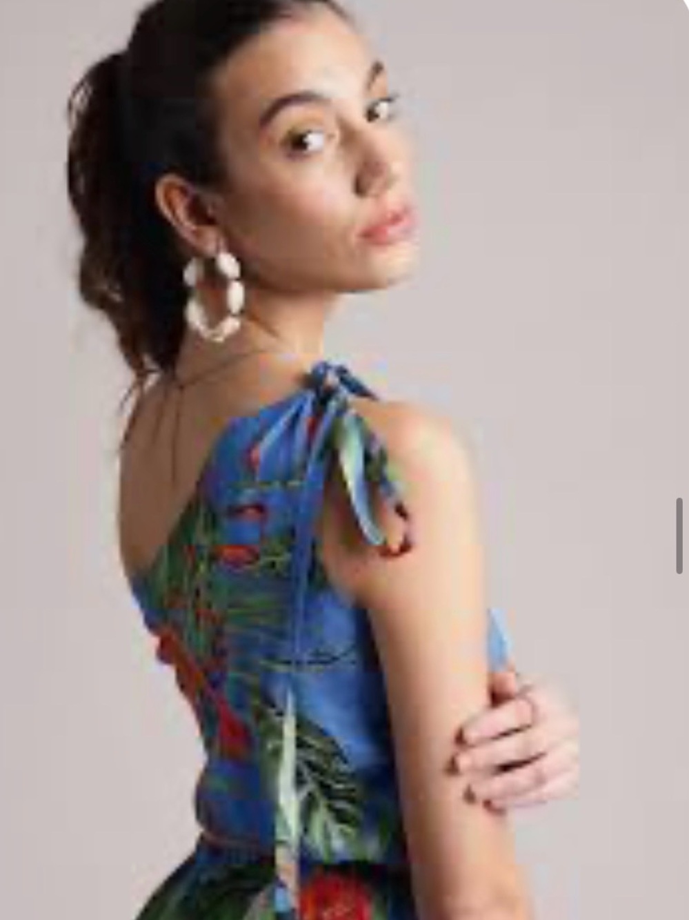 Zara Tie-Shoulder Blue Tropical Print Top